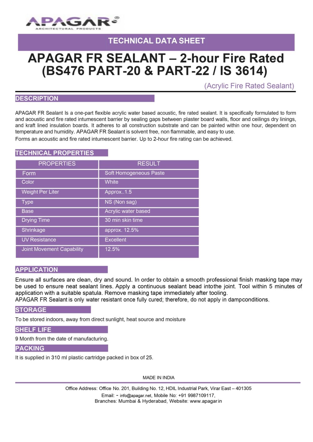 APAGAR FR SEALANT-2hr Fire rated - Image 2